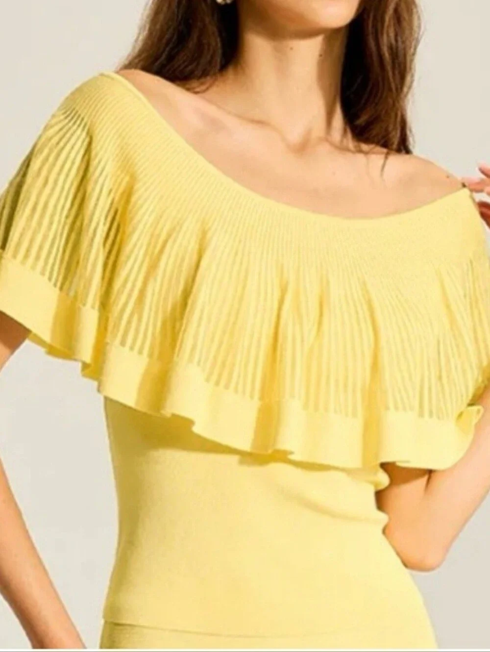Commense Lemon-Yellow Off-the-Shoulder Ruffle Sweater